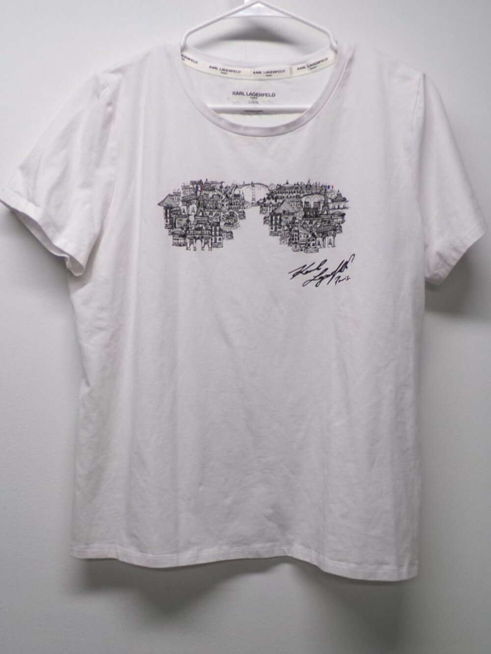 Karl Lagerfeld Paris Skyline Eiffel Tower Glasses White T Shirt Women's sz L